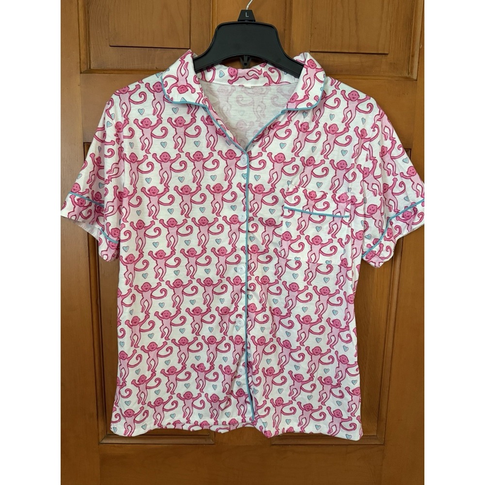 Women's Pink Heart Monkey Short Sleeve & Shorts Pajama Set Size Small NEW